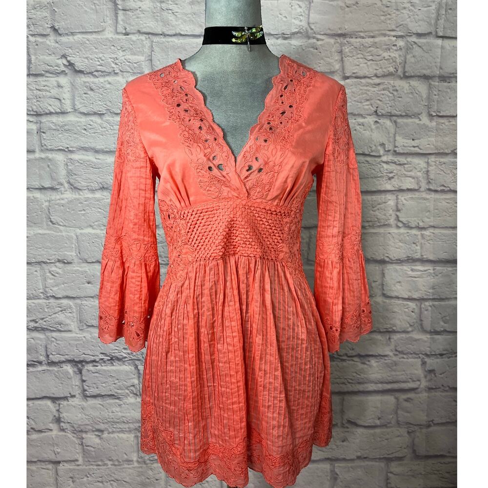 Catherine Malandrino Coral Cottagecore Embroidered Pintuck Blouse